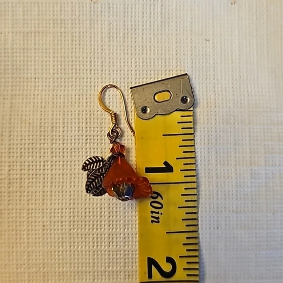 Vintage Tulip Beaded Drop Earrings Gold Hook Leaves Orange - Picture 5 of 5